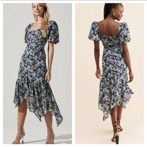 Astr Floral Puff-Sleeve Midi Dress in Blue, Purple, Green